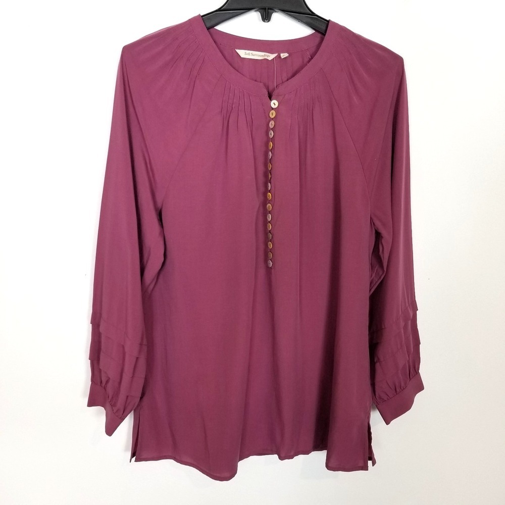 Soft Surroundings Women Polanco Lyocell Linen Blouse Sz M Vintage Berry Button